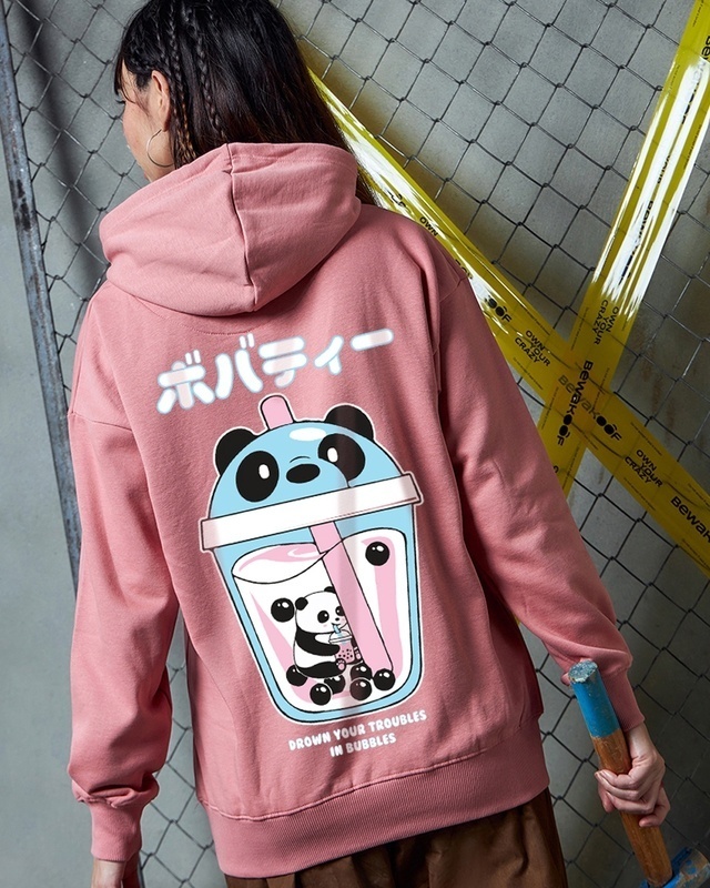 Shop Women's Pink Bubble Panda Graphic Printed Oversized Hoodies-Front