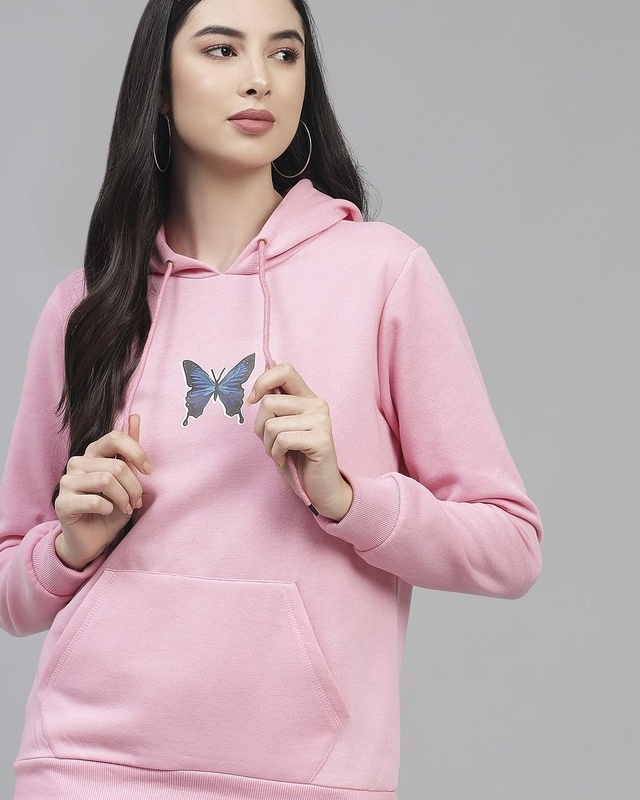 Shop Women's Pink Butterfly Printed Hooded Sweatshirt-Front