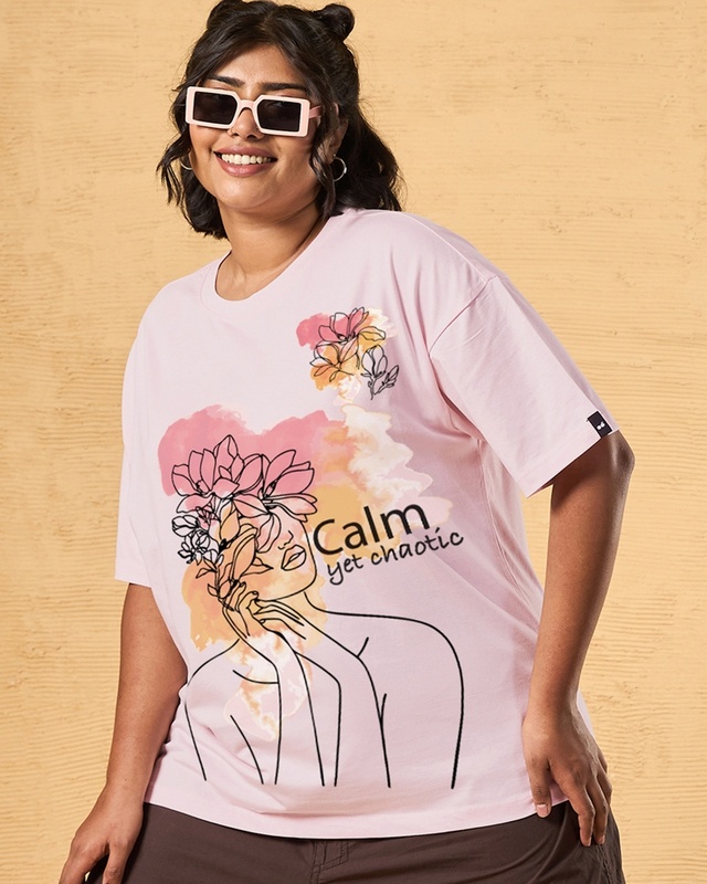 Shop Women's Pink Calm And Chaotic Graphic Printed Oversized Plus Size T-shirt-Front
