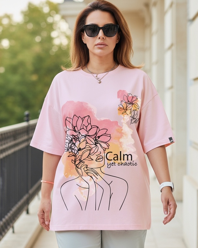 Women's Pink Calm And Chaotic Graphic Printed Oversized Plus Size T-shirt-Front Bewakoof Shop Women's Pink Calm And Chaotic Graphic Printed Oversized Plus Size T-shirt-Front