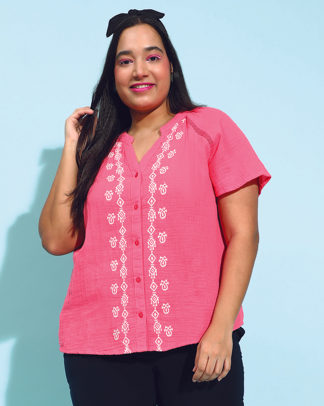 Shop Women's Pink Embroidered Relaxed Fit Plus Size Shirt-Front