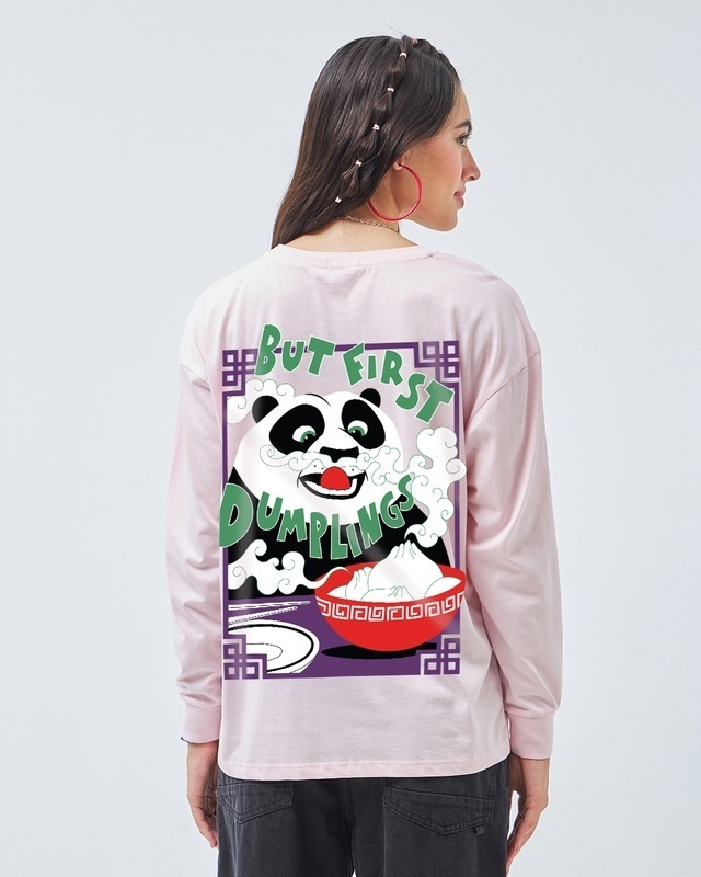 Shop Women's Pink First Dumplings Graphic Printed Oversized T-Shirt-Front