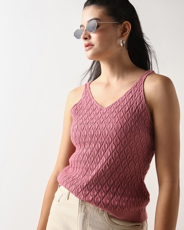 Shop Women's Pink Flat Knit Short Top-Front