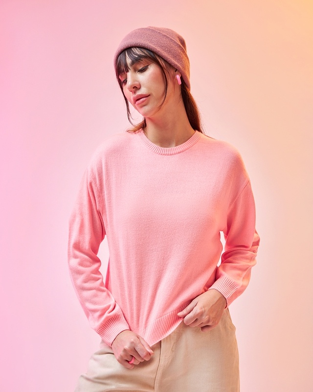 Shop Women's Pink Oversized Flatknit Sweater-Front