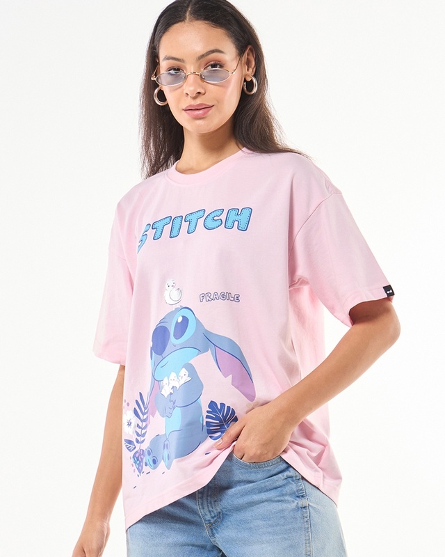 Shop Women's Pink Fragile Stitch Graphic Printed Oversized T-shirt-Front