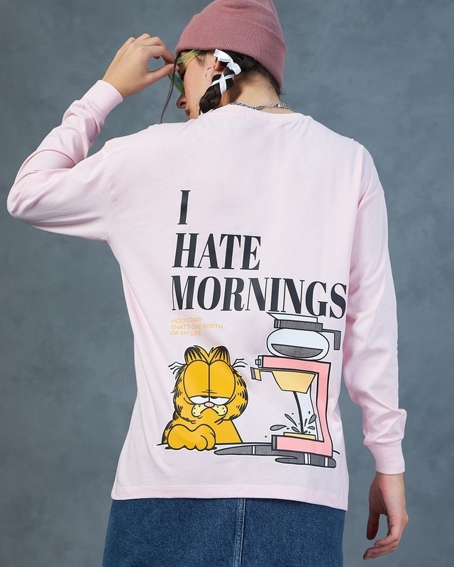 Shop Women's Pink Garfield Hates Mornings Graphic Printed Oversized T-shirt-Front