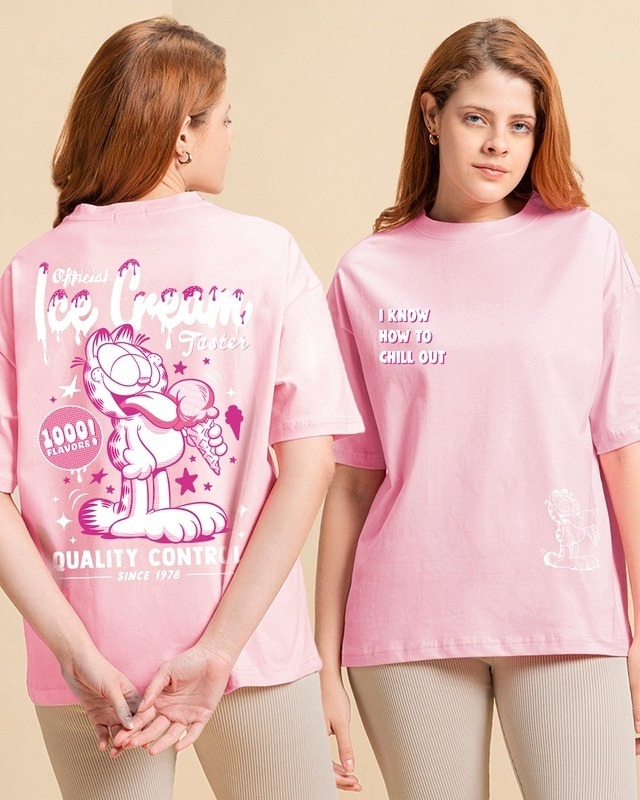 Shop Women's Pink Garfield's Icecream Graphic Printed Oversized T-shirt-Front