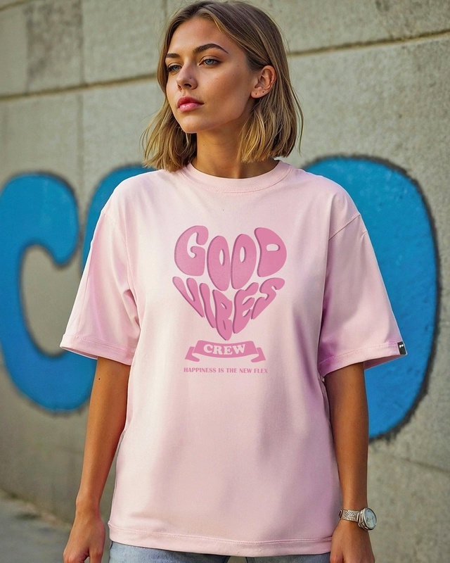 Shop Women's Pink Good Vibes Typography Oversized T-shirt-Front