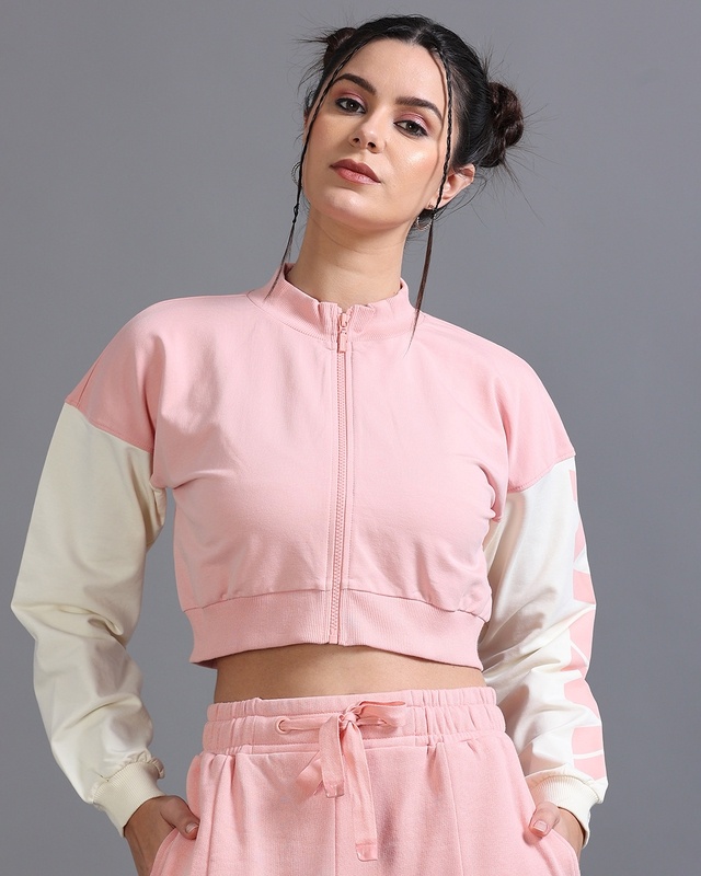 Women's Pink Graphic Printed Cropped Zipper Jacket