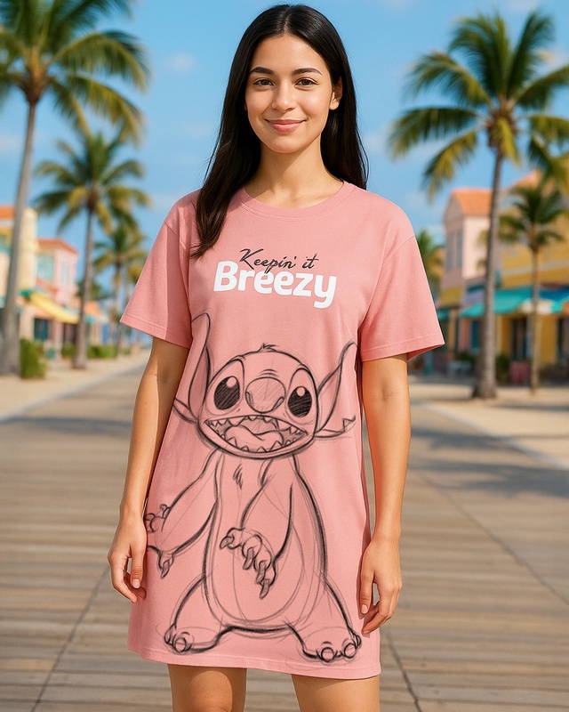 Shop Women's Mellow Rose Pink Stitch Graphic Printed T-Shirt Dress-Front