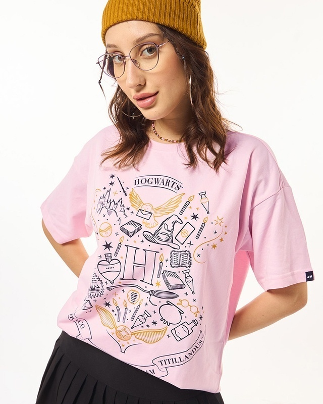Shop Women's Pink Hogwarts Graphic Printed Oversized T-shirt-Front