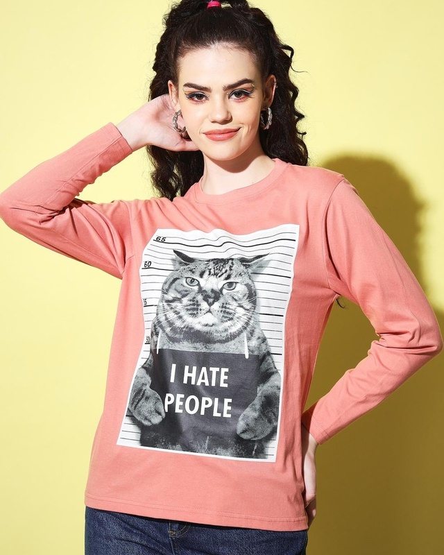 Shop Women's Pink I Hate People Graphic Printed T-shirt-Front