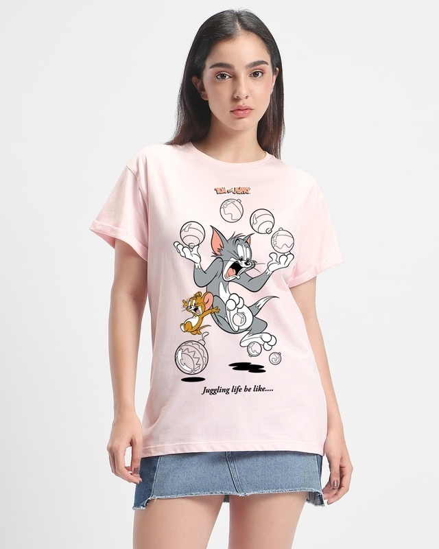 Shop Women's Pink Juggling Life Graphic Printed Boyfriend T-shirt-Front