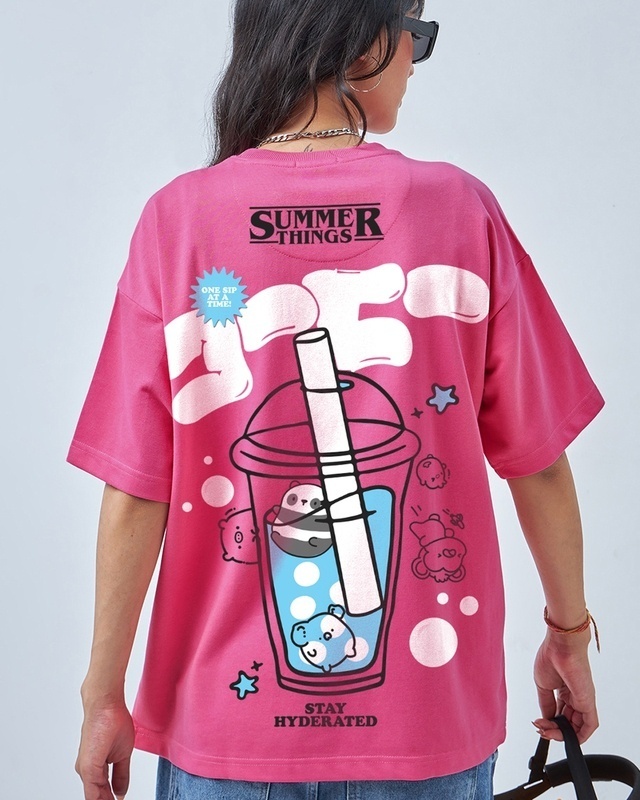 Shop Women's Pink Just Summer Things Graphic Printed Oversized T-shirt-Front
