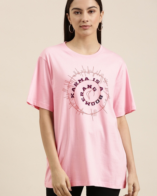 Shop Women's Pink Karma Is a Boomerang Typography Oversized T-shirt-Front