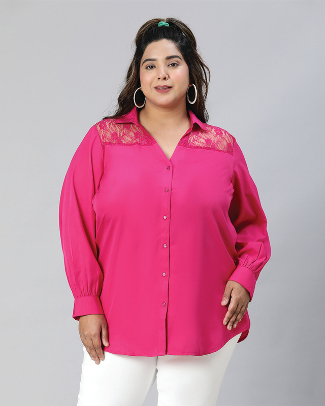 Shop Women's Plum Pink Lace Detailed Plus Size Shirt-Front