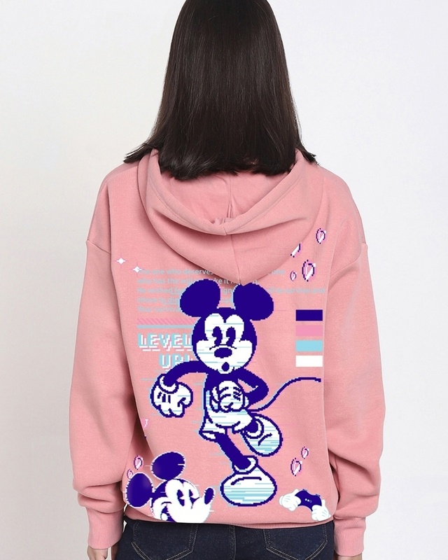 Shop Women's Pink Level Up Mickey Graphic Printed Oversized Hoodies-Front