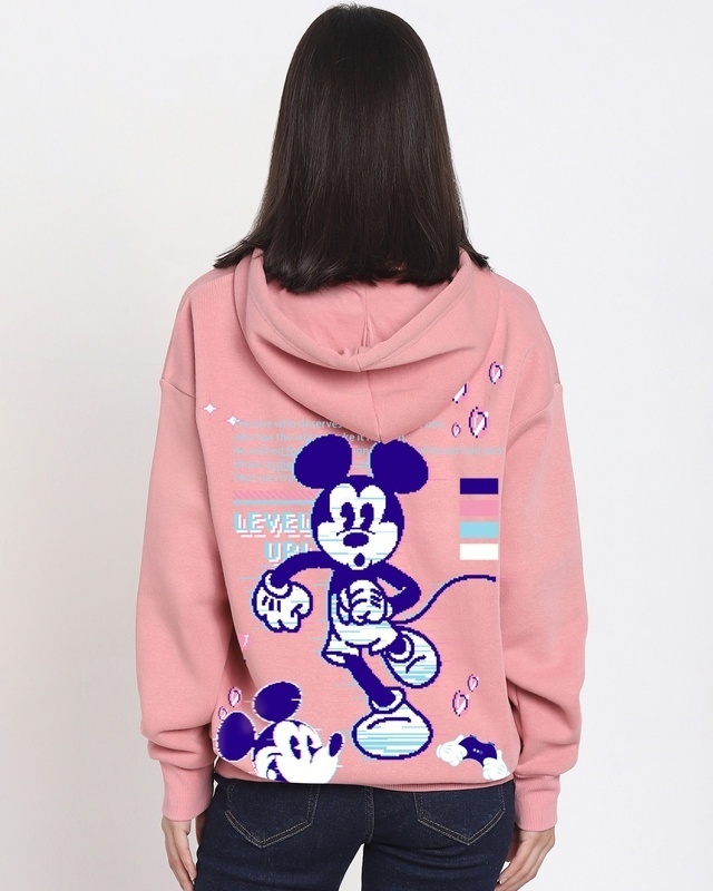 Shop Women's Pink Level Up Mickey Graphic Printed Oversized Hoodies-Front