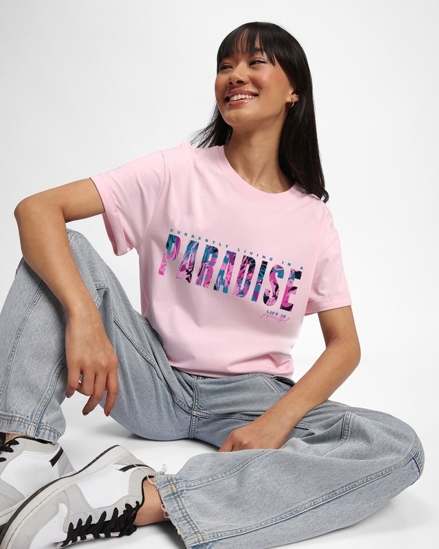 Shop Women's Pink Living in Paradise Graphic Printed Boyfriend T-shirt-Front