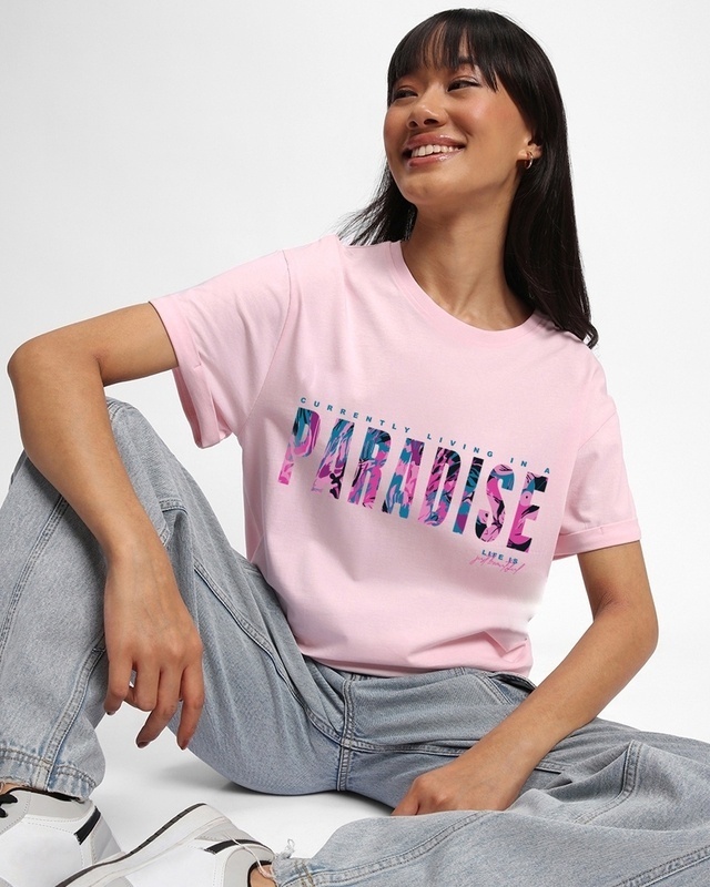 Shop Women's Pink Living in Paradise Graphic Printed Boyfriend T-shirt-Front