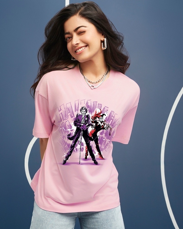 Shop Women's Pink Maniac Duo Graphic Printed Oversized T-shirt-Front