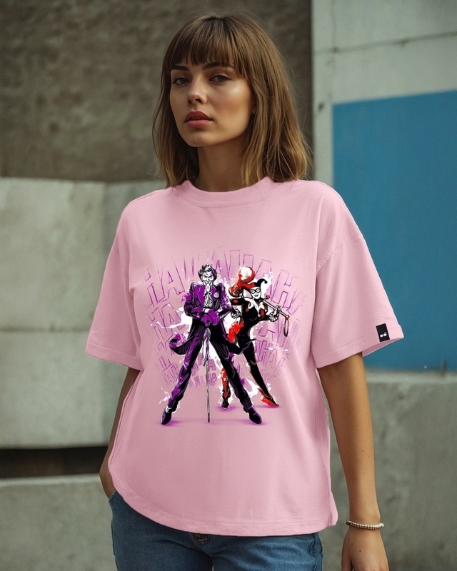 Shop Women's Pink Maniac Duo Graphic Printed Oversized T-shirt-Front