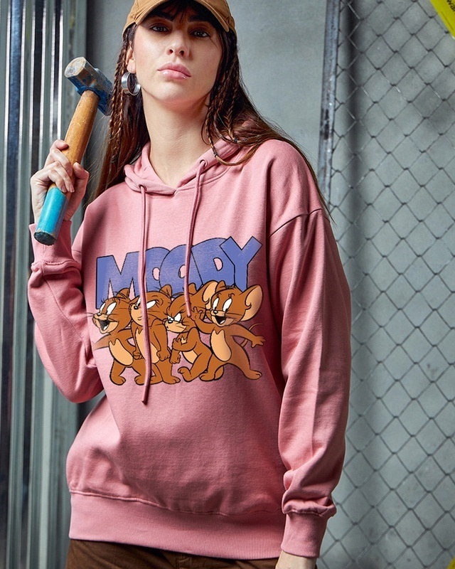 Shop Women's Pink Mood Jerry Graphic Printed Oversized Hoodies-Front