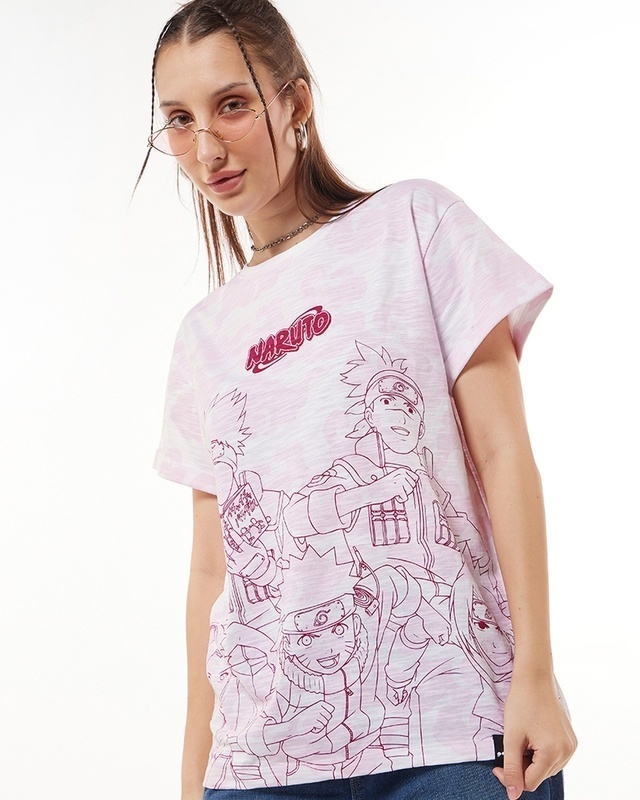 Shop Women's White & Pink Naruto Graphic Printed Boyfriend T-shirt-Front