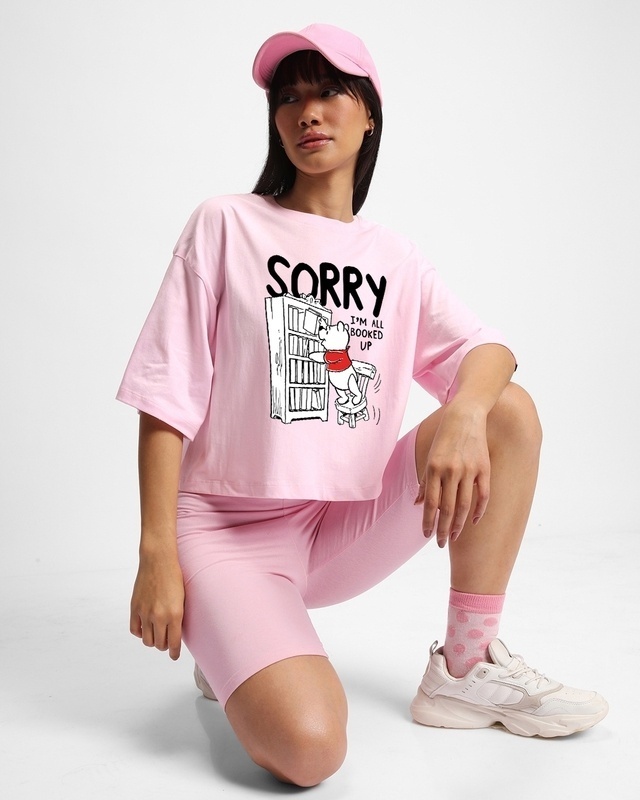 Shop Women's Pink Nerdy Pooh Graphic Printed Oversized Short Top-Front