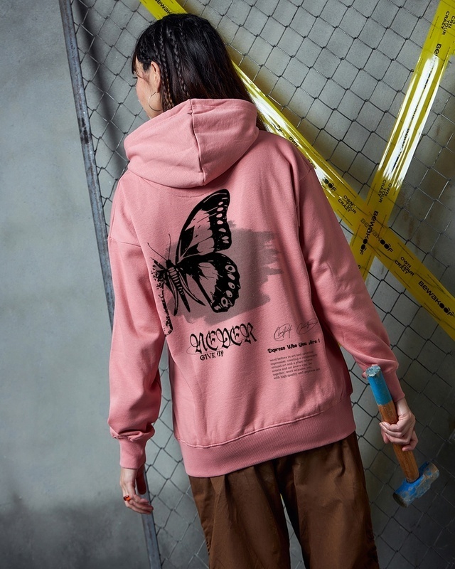 Shop Women's Pink Never Give Up Graphic Printed Oversized Hoodies-Front