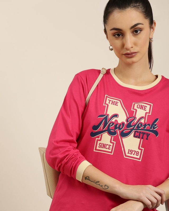 Shop Women's Pink New York Typography Oversized T-shirt-Front