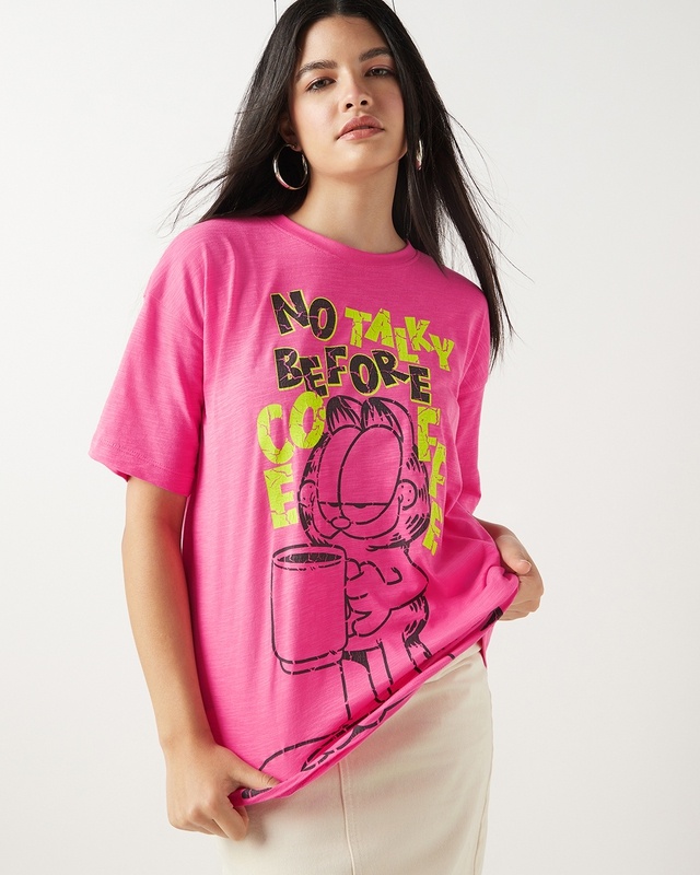 Shop Women's Pink No Talky Before Coffee Graphic Printed Oversized T-shirt-Front