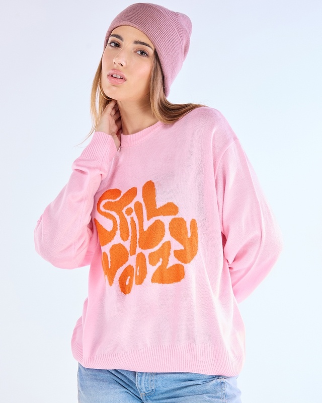 Shop Women's Pink & Orange Still Woozy Typography Super Loose Fit Sweater-Front