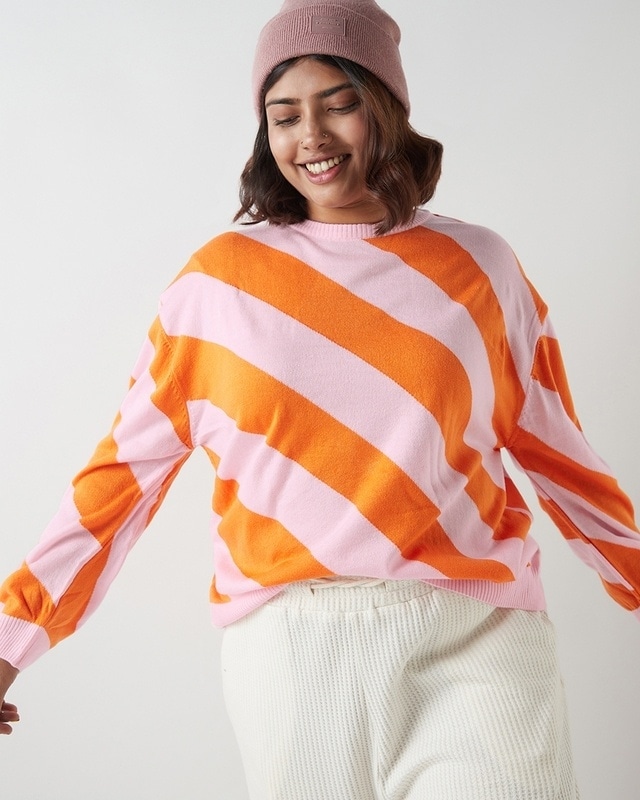 Shop Women's Pink & Orange Striped Oversized Plus Size Sweater-Front