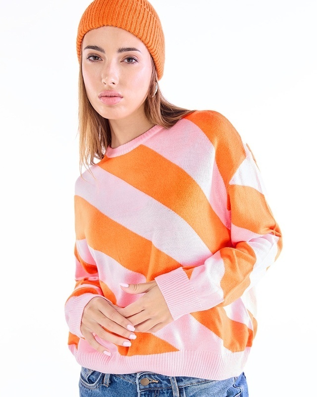 Shop Women's Pink & Orange Striped Oversized Sweater-Front