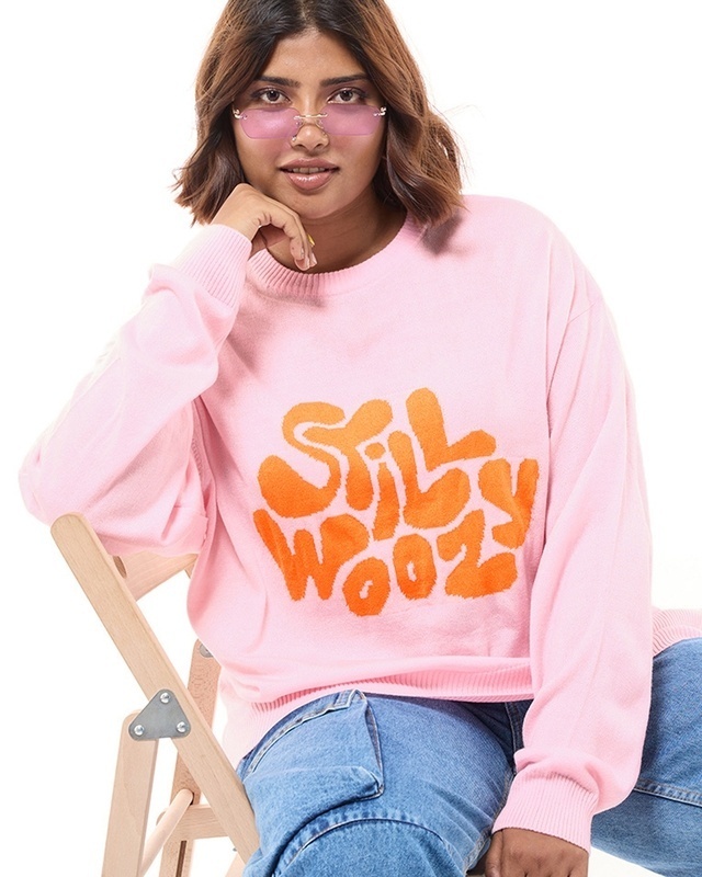 Shop Women's Pink & Orange Typography Super Loose Fit Plus Size Sweater-Front