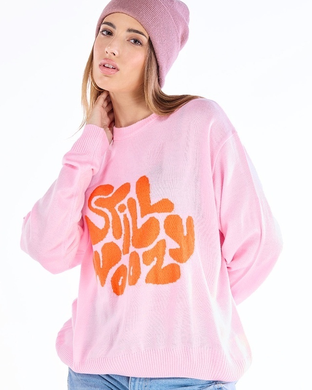 Shop Women's Pink & Orange Still Woozy Typography Super Loose Fit Sweater-Front