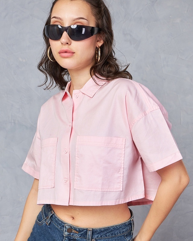 Shop Women's Pink Oversized Cropped Shirt-Front