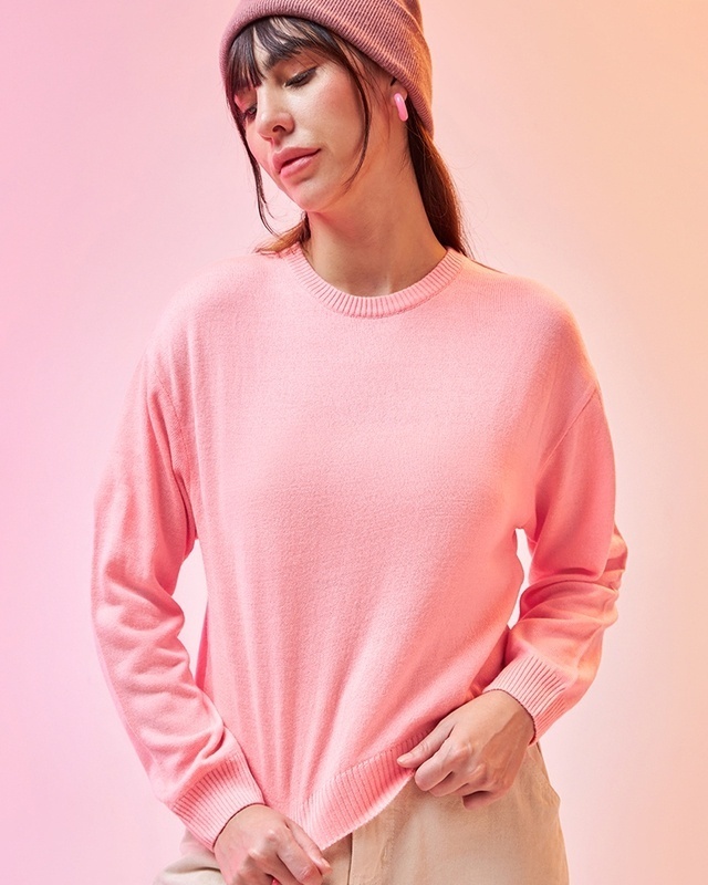 Shop Women's Pink Oversized Flatknit Sweater-Front