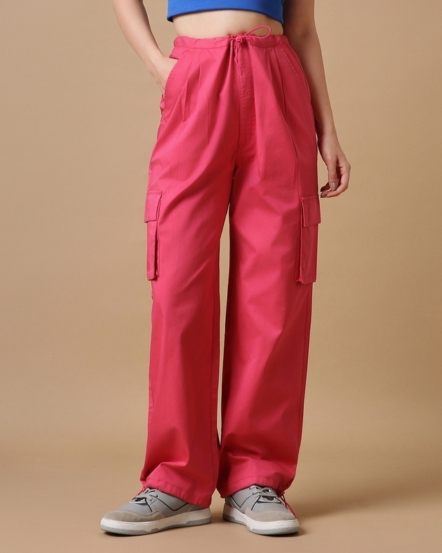 Shop Women's Pink Oversized Plus Size Cargo Parachute Pants-Front