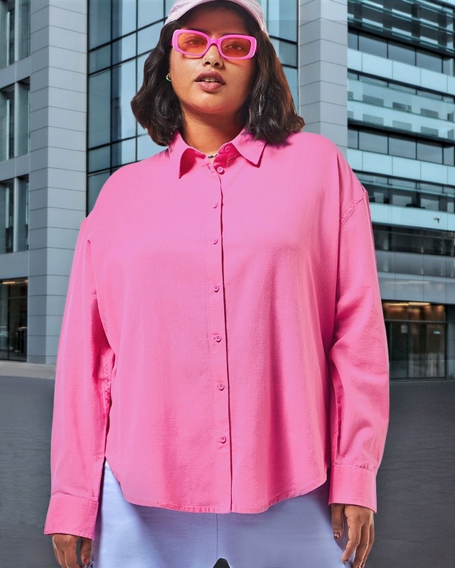 Shop Women's Pink Oversized Plus Size Linen Shirt-Front