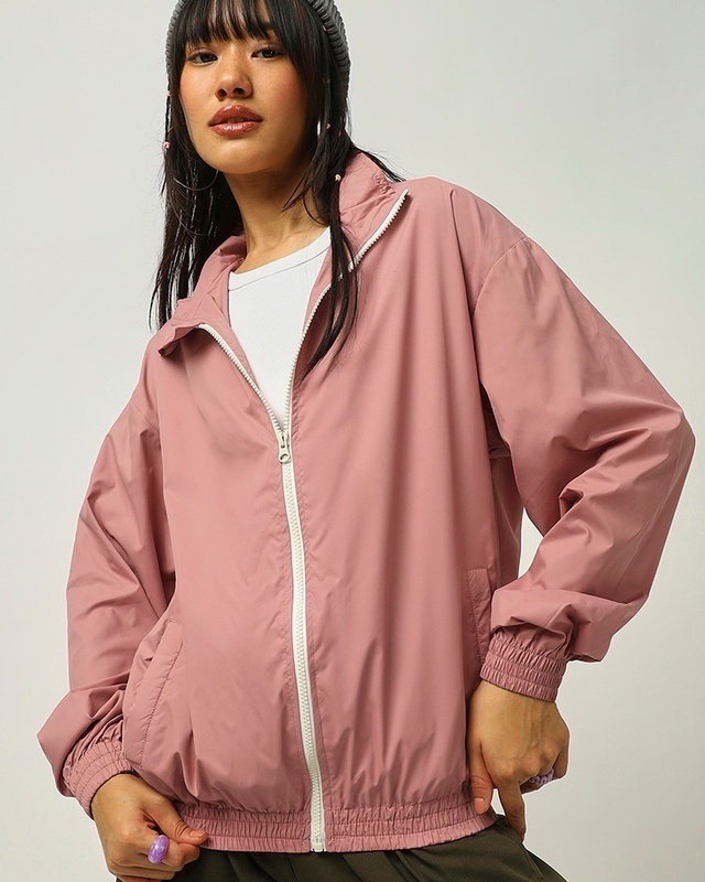 Shop Women's Pink Oversized Windcheater Jacket-Front