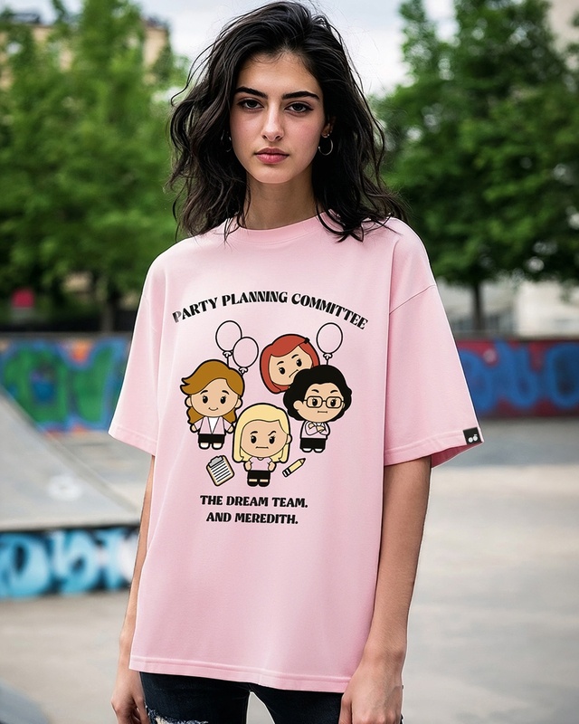 Shop Women's Pink Party Planning Committee Graphic Printed Oversized T-shirt-Front