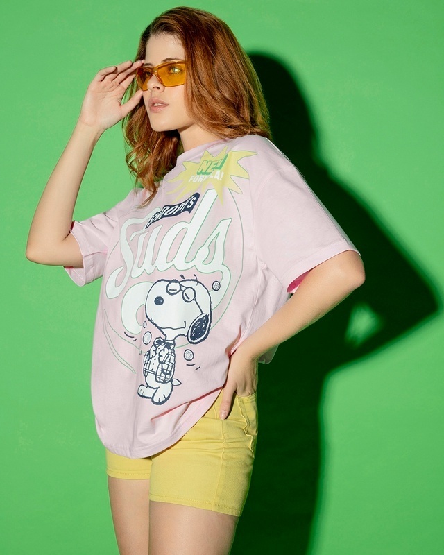 Shop Women's Pink Peanuts Suds Graphic Printed Oversized T-shirt-Front