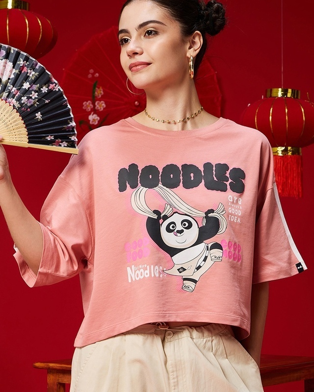 Shop Women's Pink Powered By Noodles Graphic Printed Oversized Short Top-Front