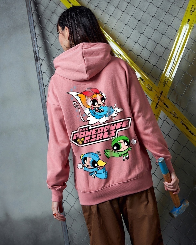 Shop Women's Pink Powerpuffed Christmas Graphic Printed Oversized Hoodies-Front