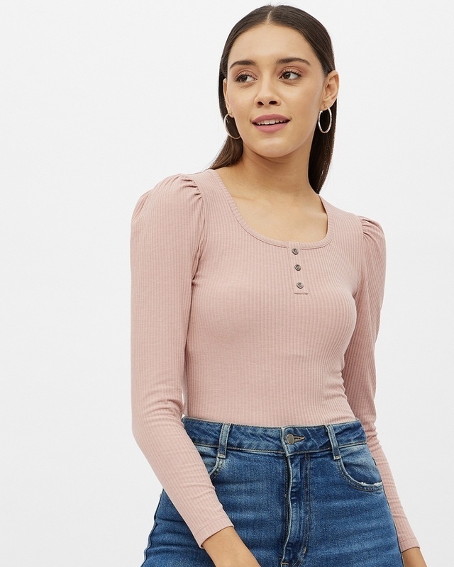 Shop Women's Pink Rayon Round Neck Long Puff Sleeve Top-Front