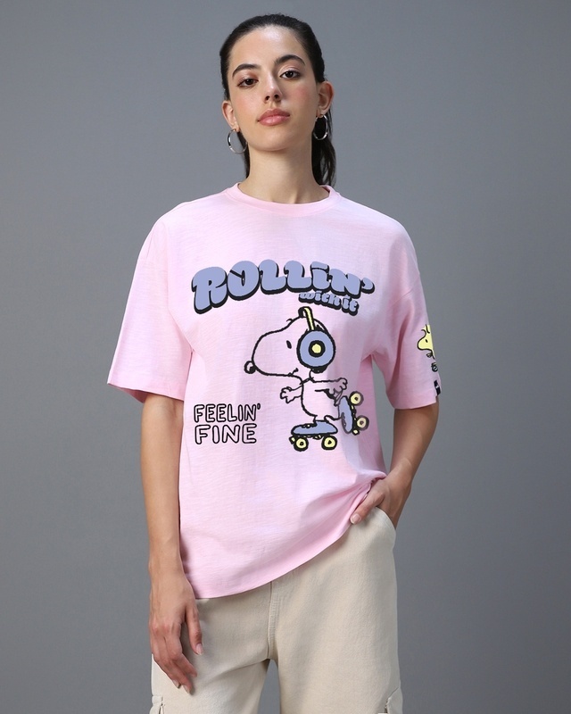 Shop Women's Pink Rollin Withit Graphic Printed Oversized T-shirt-Front