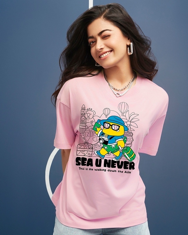 Shop Women's Pink Sea u Never Graphic Printed Oversized T-shirt-Front