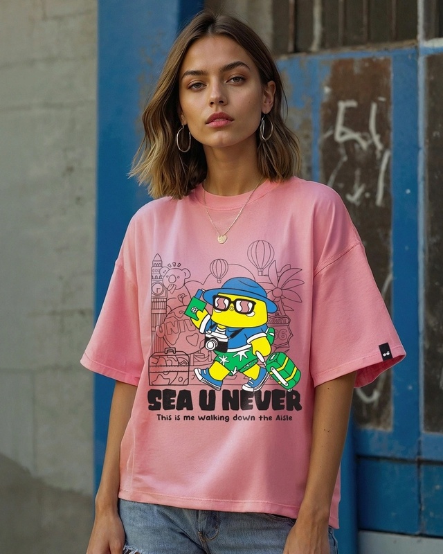 Shop Women's Pink Sea u Never Graphic Printed Oversized T-shirt-Front